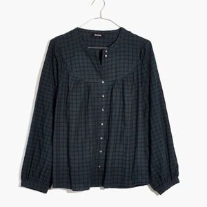 Madewell Plaid Balloon-Sleeve Peasant Top- Green Plaid, Size S